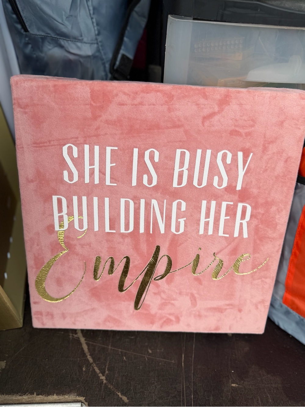 bebe Pink Velvet Wall Art with Gold Script 'She Is Busy Building Her Empire'